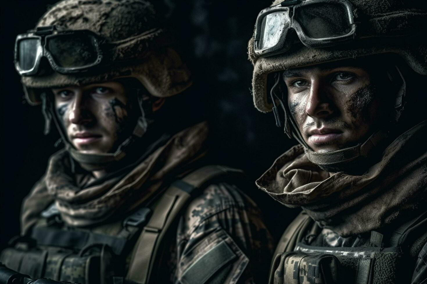 Two soldiers in military uniforms with assault rifle on dark background. Selective focus photo