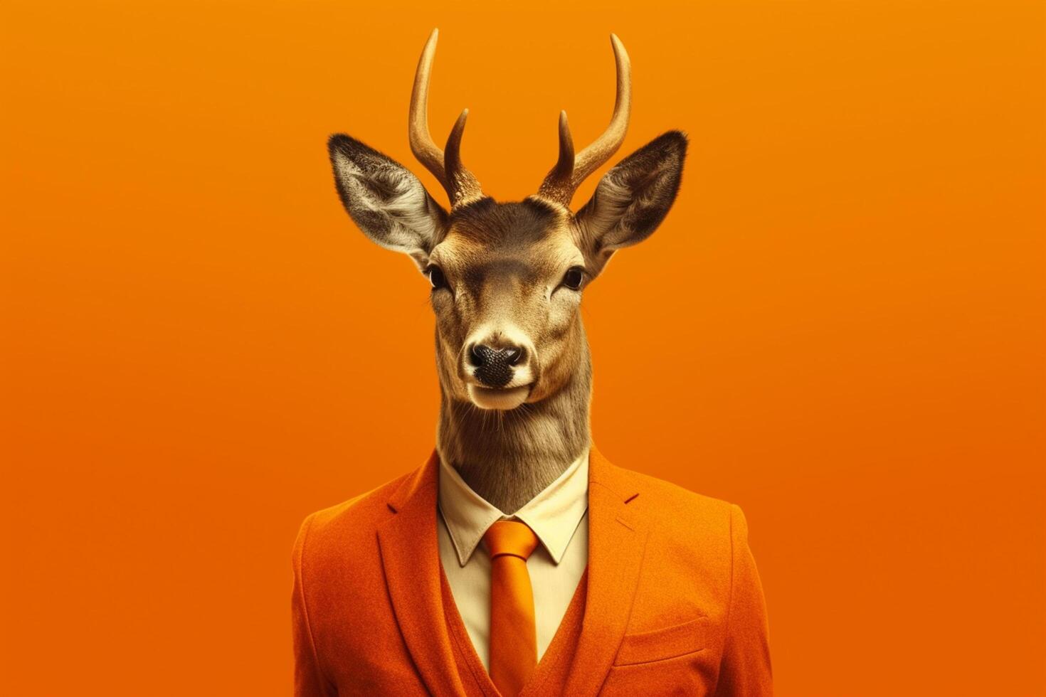portrait of a young deer in a suit on orange background business and fashion concept photo