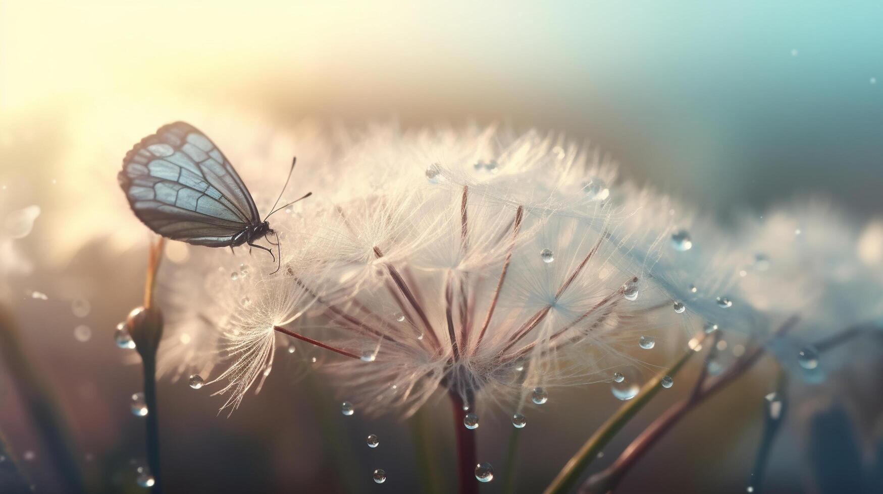 Butterfly on dandelion flower in the morning dew photo