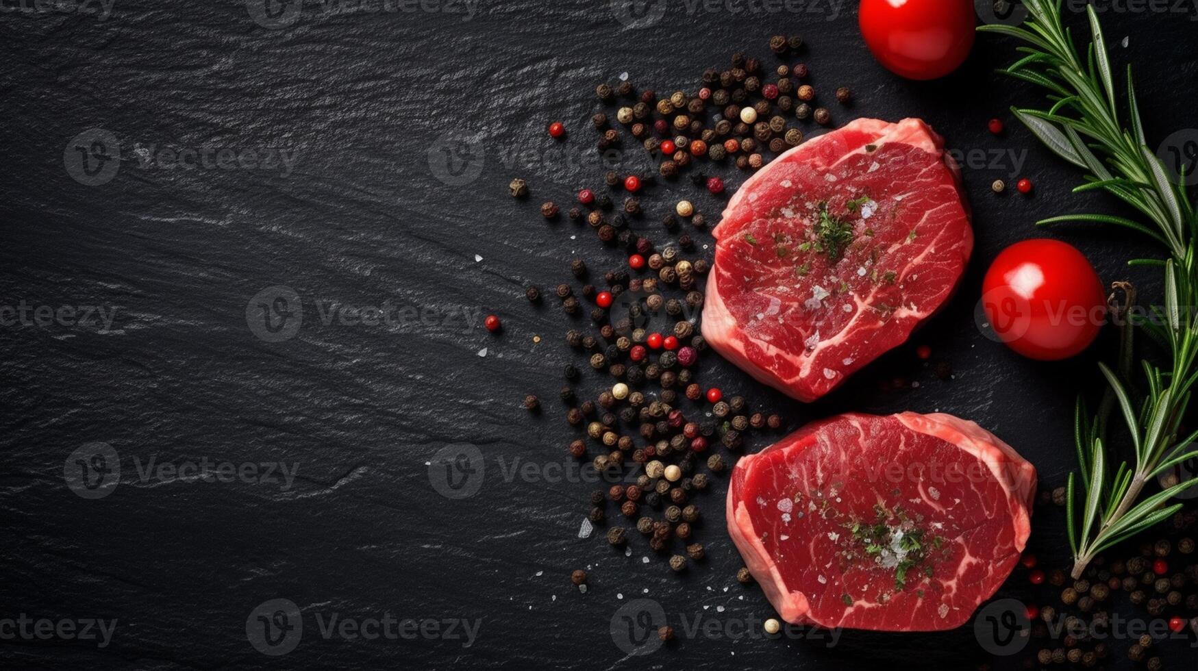 crudo carne de vaca filete con especias y hierbas en negro fondo, parte superior ver generativo ai foto