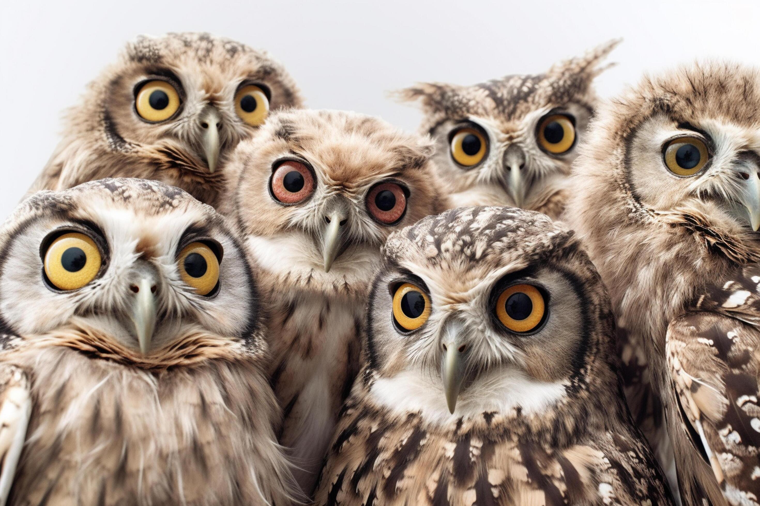 Group of owls isolated on a white background. Shallow depth of field