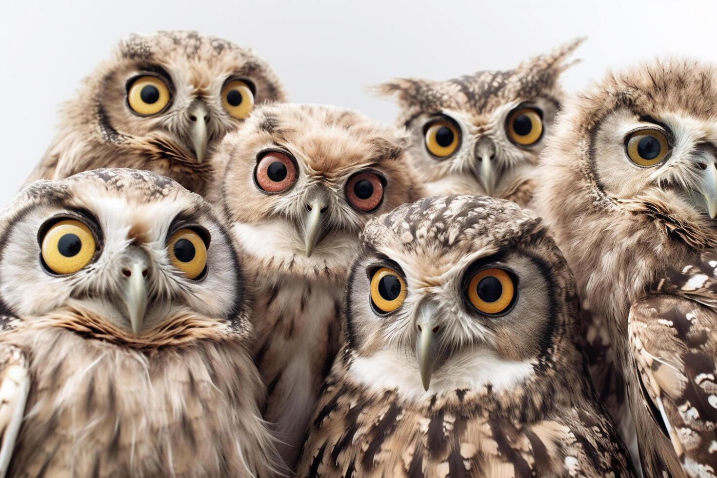 Group of owls isolated on a white background. Shallow depth of field photo
