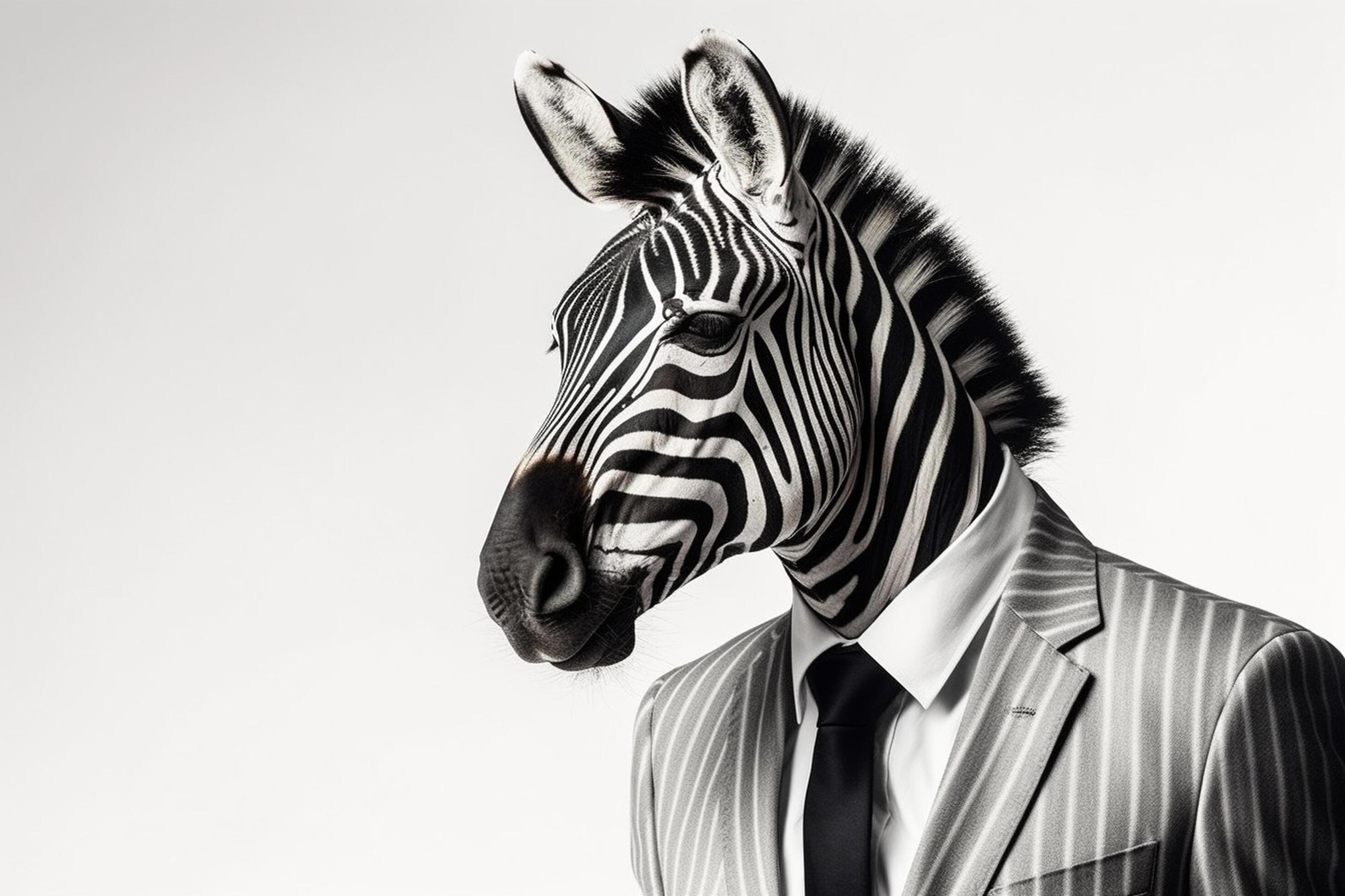 Portrait of a zebra in a suit on a white background generative ai