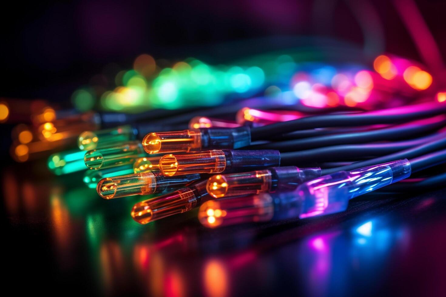 Fiber optic cables close-up with colored lights. Selective focus. photo