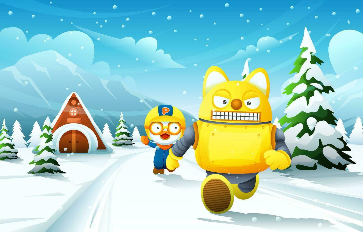 Cute Penguin and Robot Fox Running Around Background vector