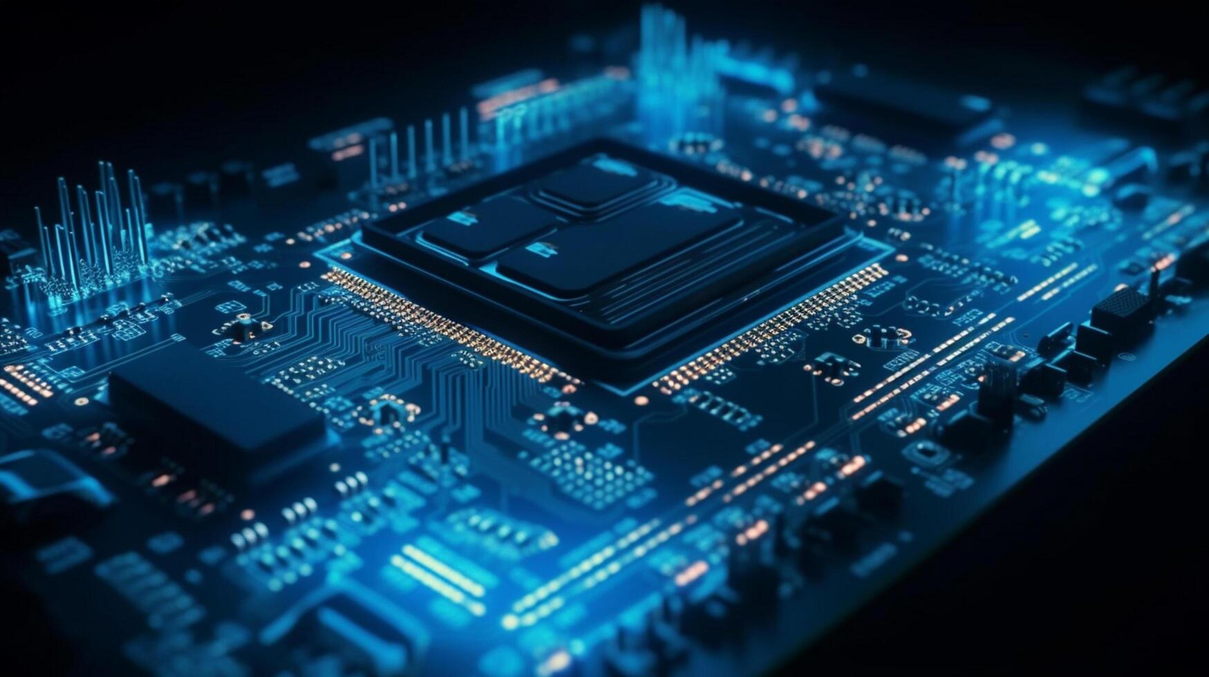 cerca arriba de electrónico circuito tablero. tecnología antecedentes. 3d representación generativo ai foto