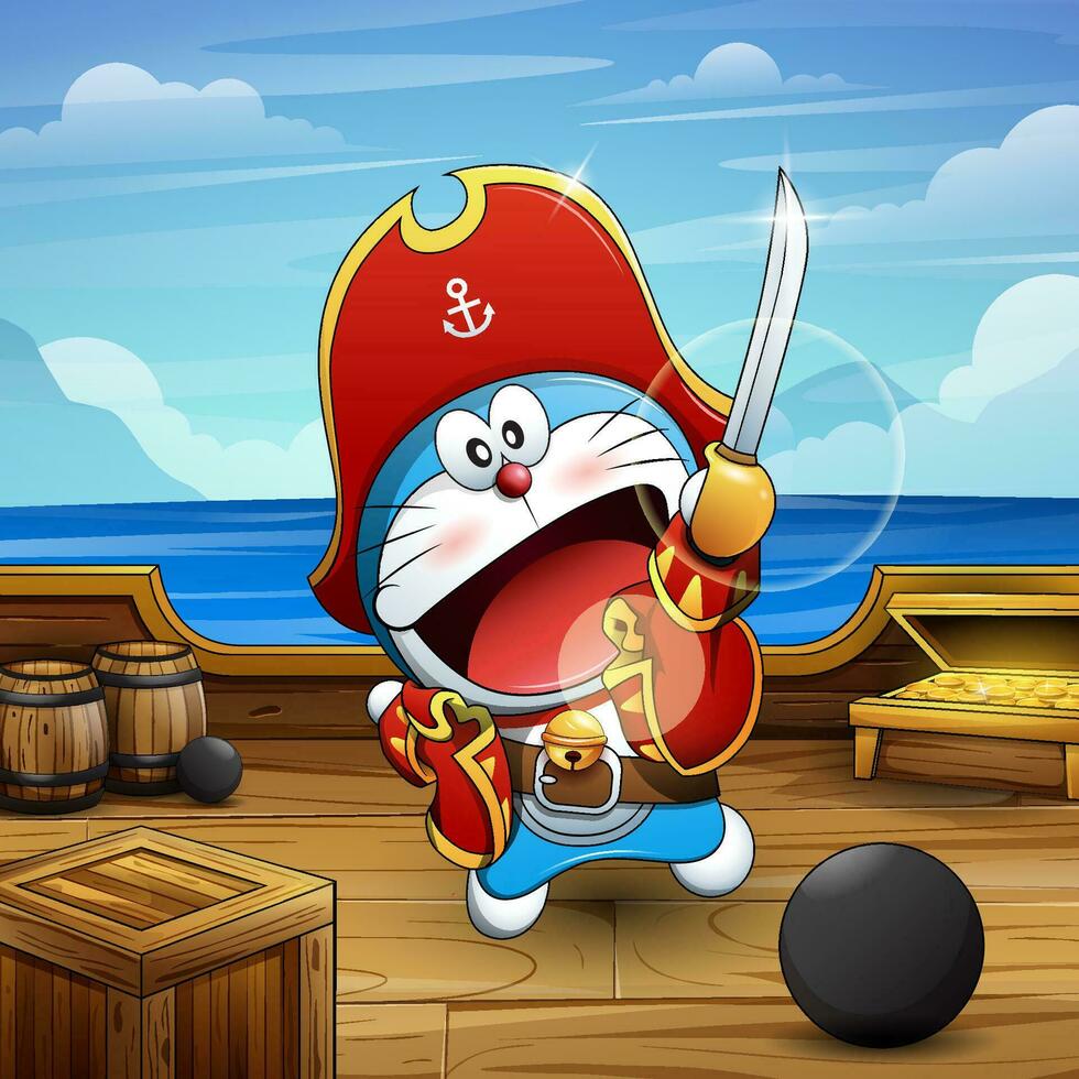A Robot Cat Wearing Pirate Costume in Ship Deck Concept vector