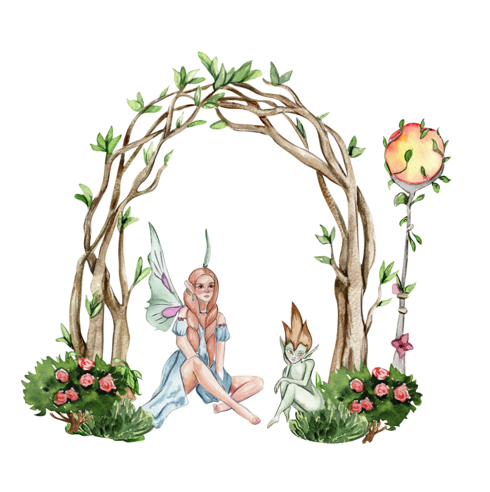 Composition with forest fairy, green tree and bushes . png