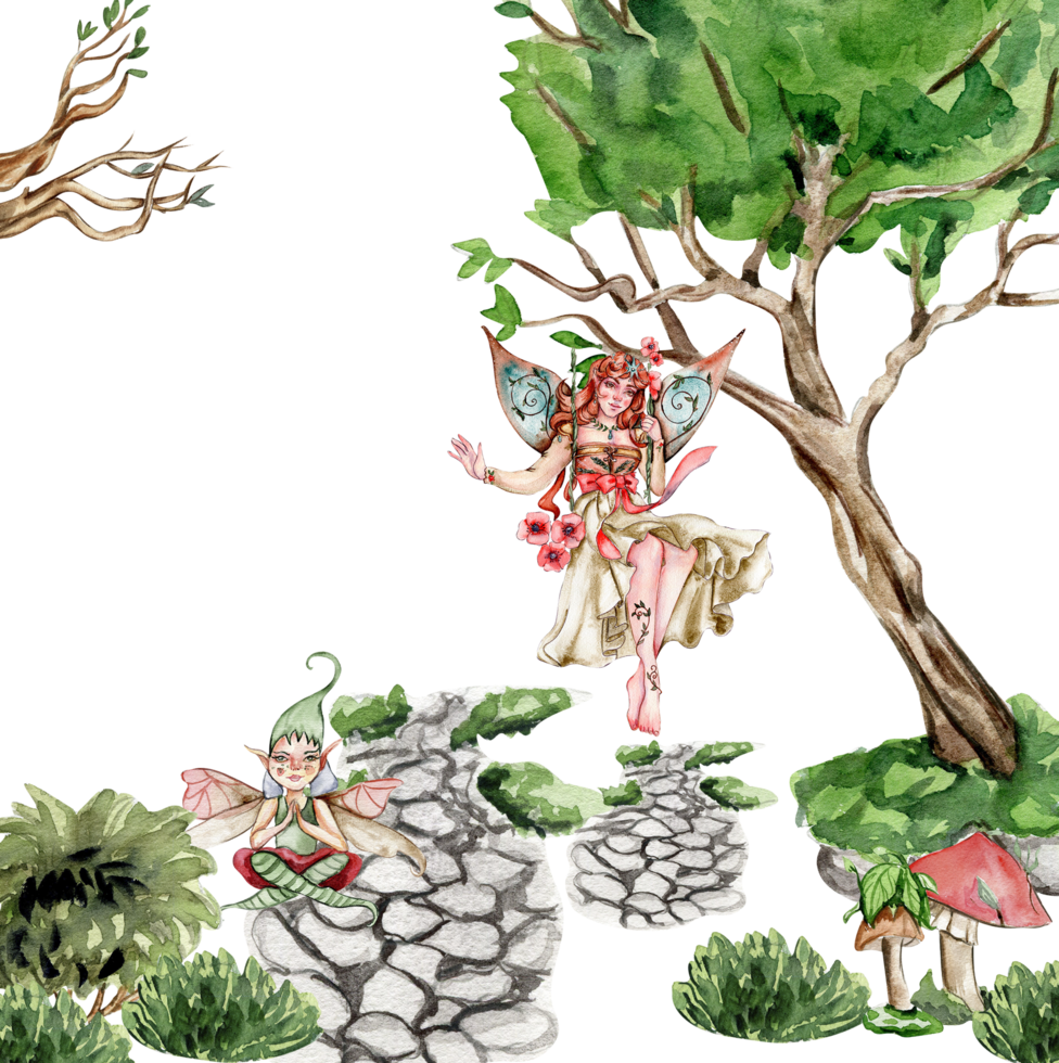 Composition with forest fairy, green tree and bushes . png