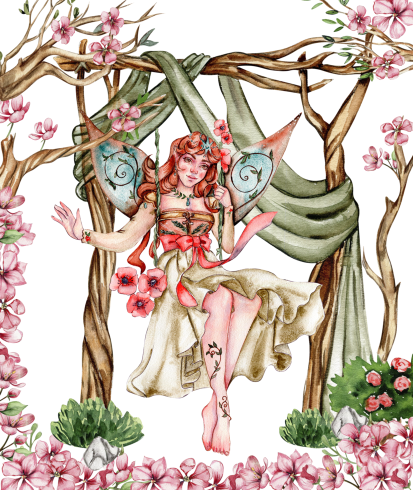 Composition with forest fairy, green tree and bushes . Watercolor hand drawn illustration . png