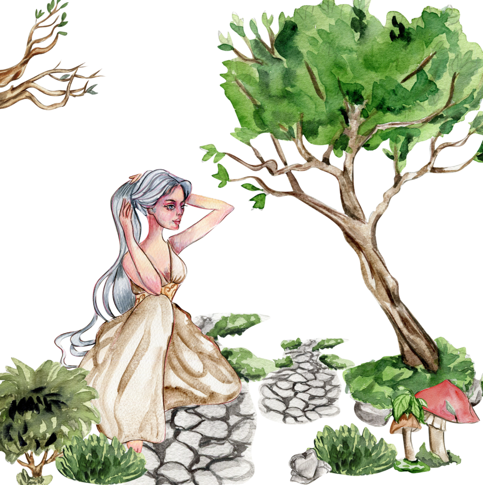 Composition with forest fairy, green tree and bushes . png