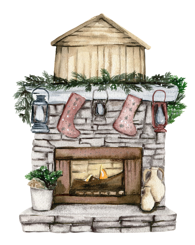 Fireplace with Christmas decor. Socks for sweets. Watercolor hand drawn illustration. Winter holiday. png