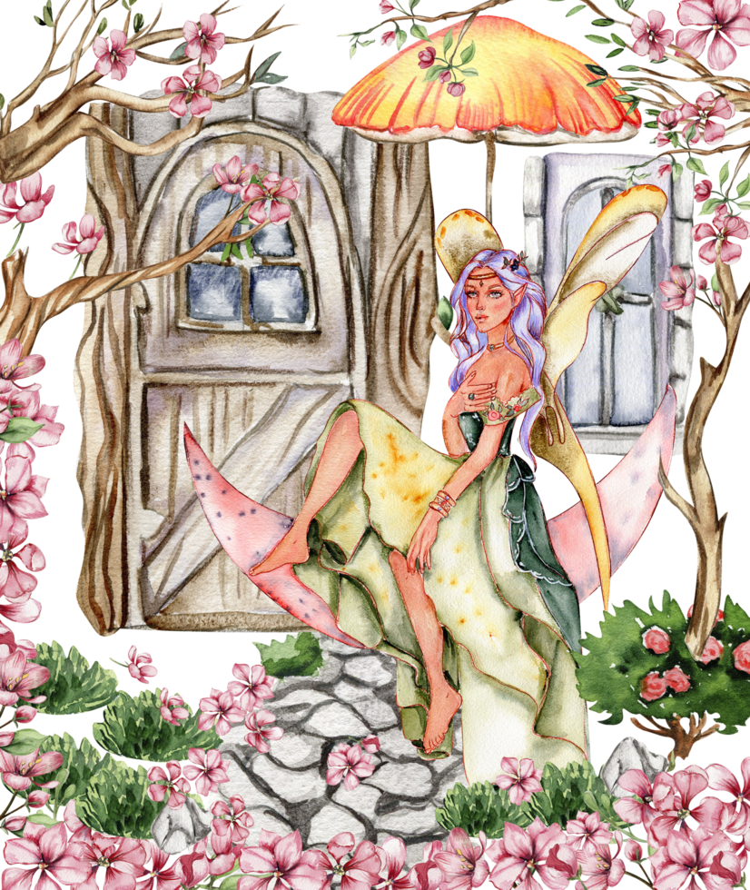 Composition with forest fairy, green tree and bushes . Watercolor hand drawn illustration . png