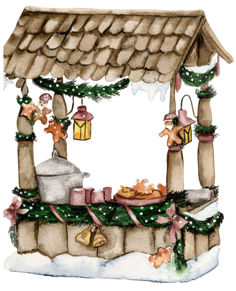 Christmas market with sweets in snow.Watercolor hand drawn illustration. Winter holiday. png