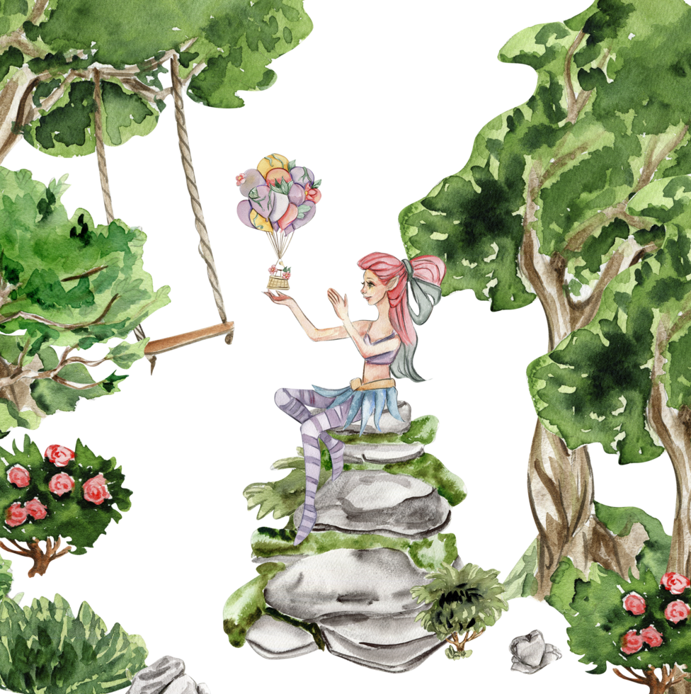 Composition with forest fairy, green tree and bushes . png