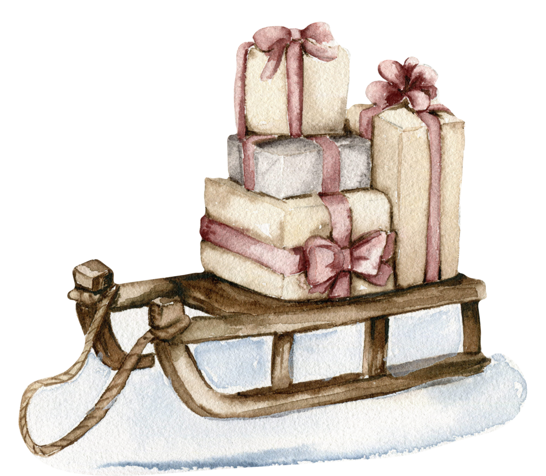 Christmas sled with gifts in the snow. Watercolor hand drawn illustration. png