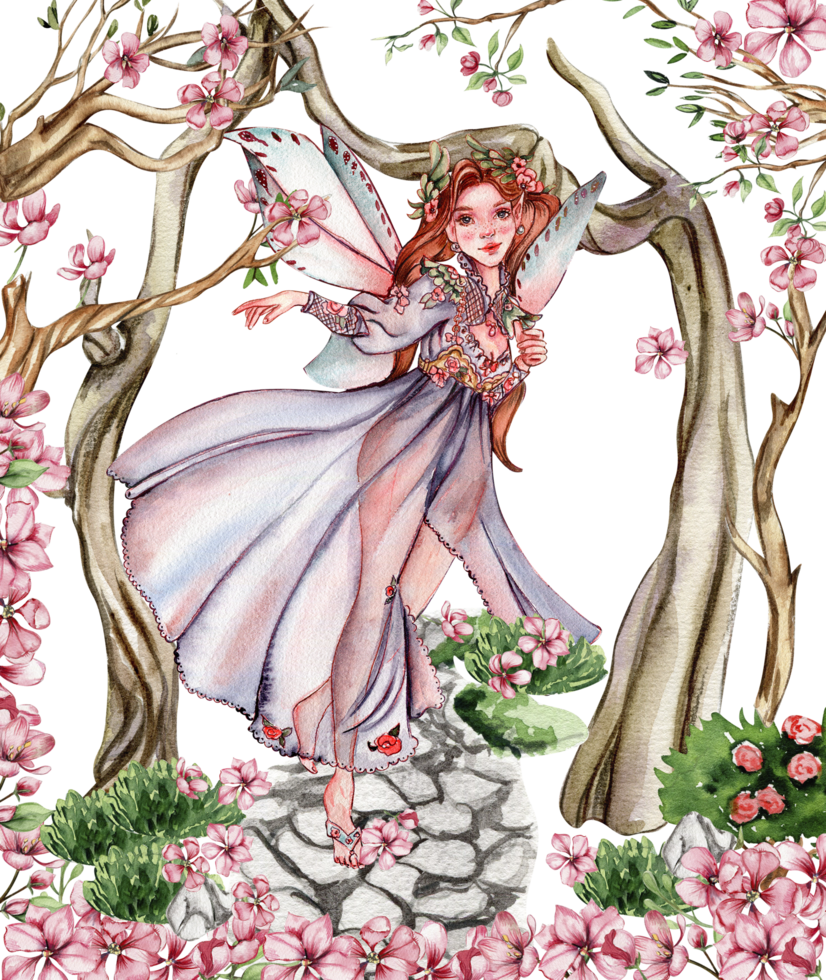 Composition with forest fairy, green tree and bushes . Watercolor hand drawn illustration . png