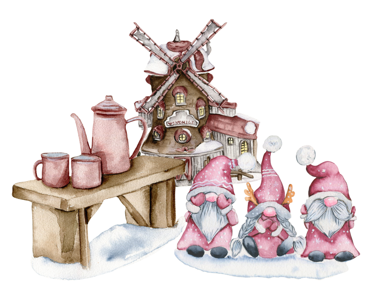 Composition of a windmill and gnomes in the snow. Watercolor hand drawn illustration. png