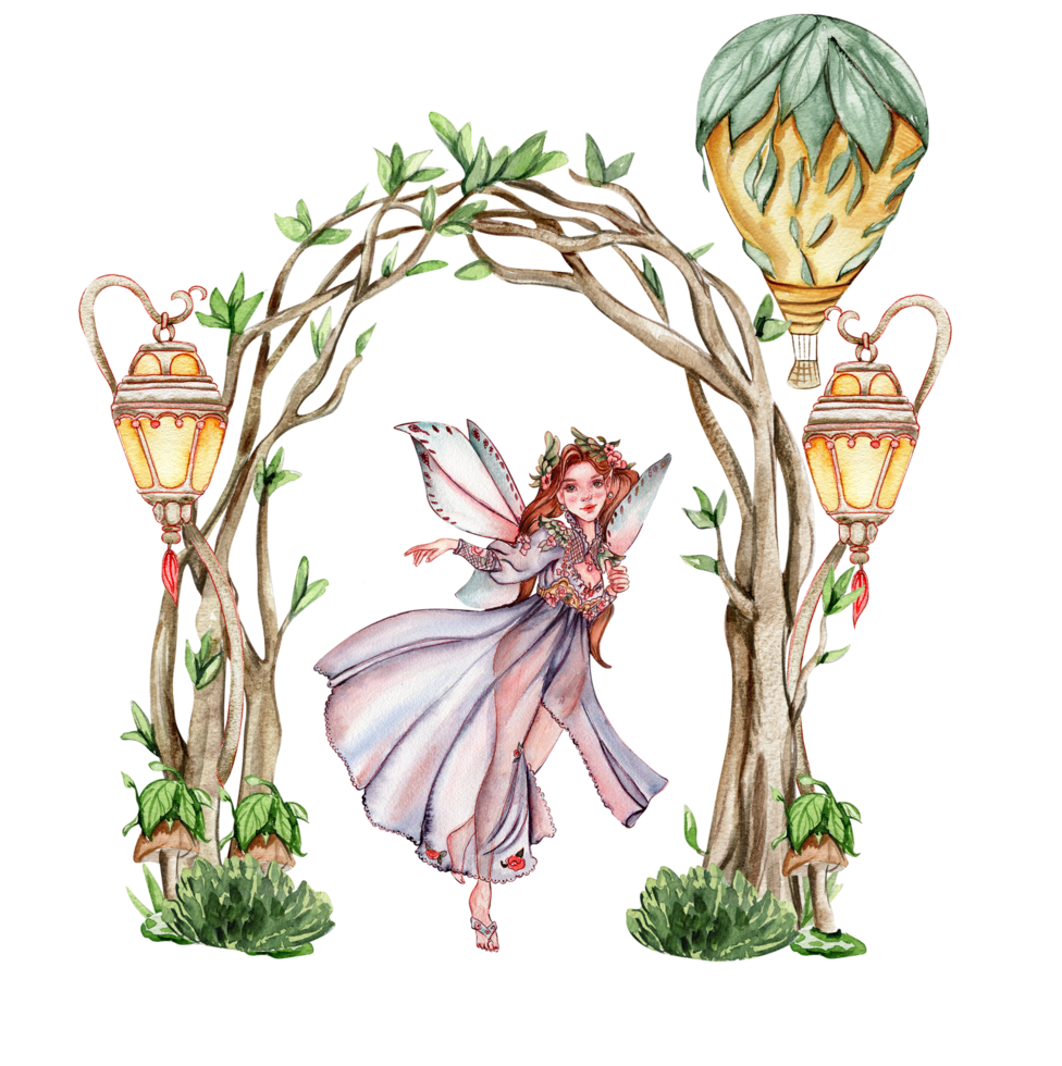 Composition with forest fairy, green tree and bushes . png