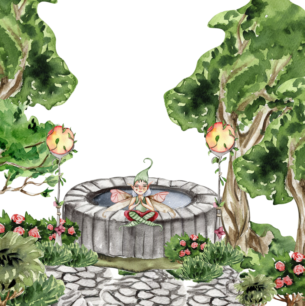 Composition with forest fairy, green tree and bushes . png