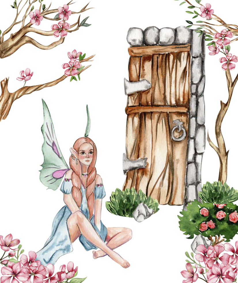 Composition with forest fairy, green tree and bushes . Watercolor hand drawn illustration . png