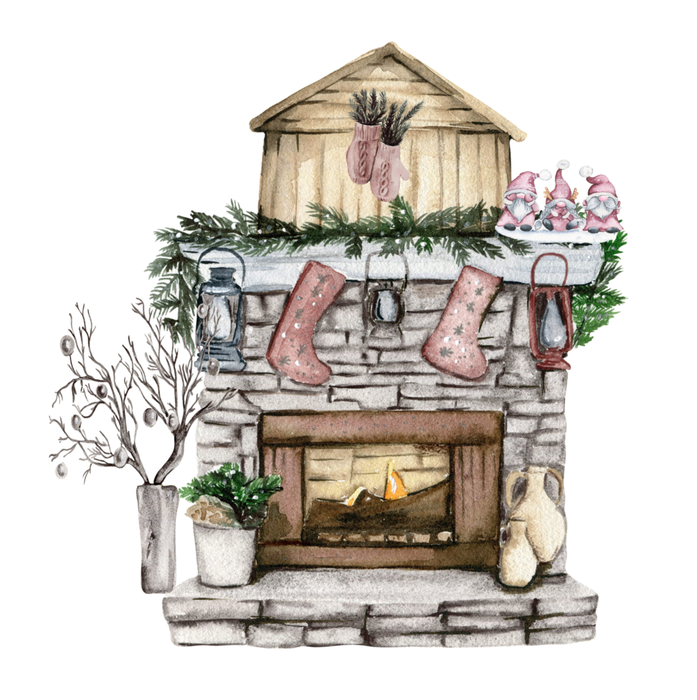 Fireplace with Christmas decor. Socks for sweets. Watercolor hand drawn illustration. Winter holiday. png