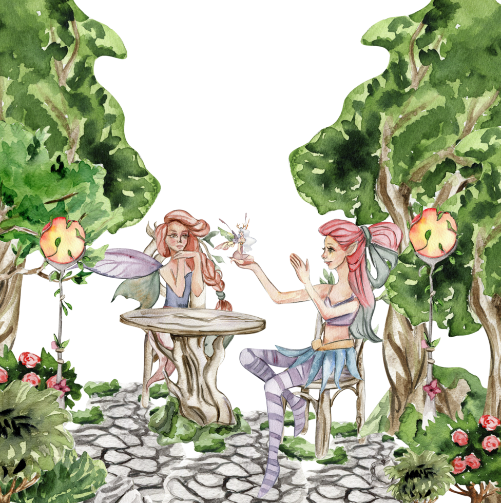 Composition with forest fairy, green tree and bushes . png