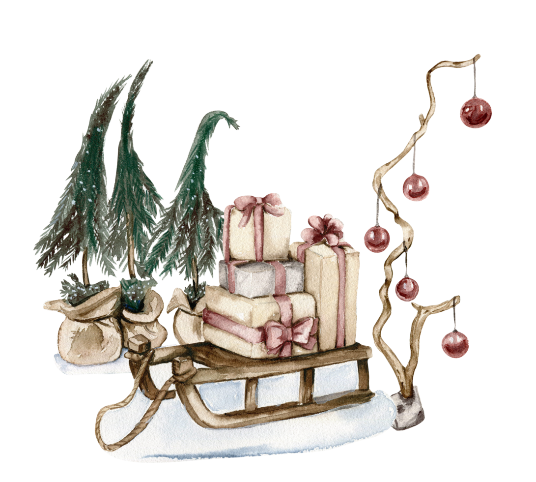 Christmas sled with gifts in the snow. Watercolor hand drawn illustration. png