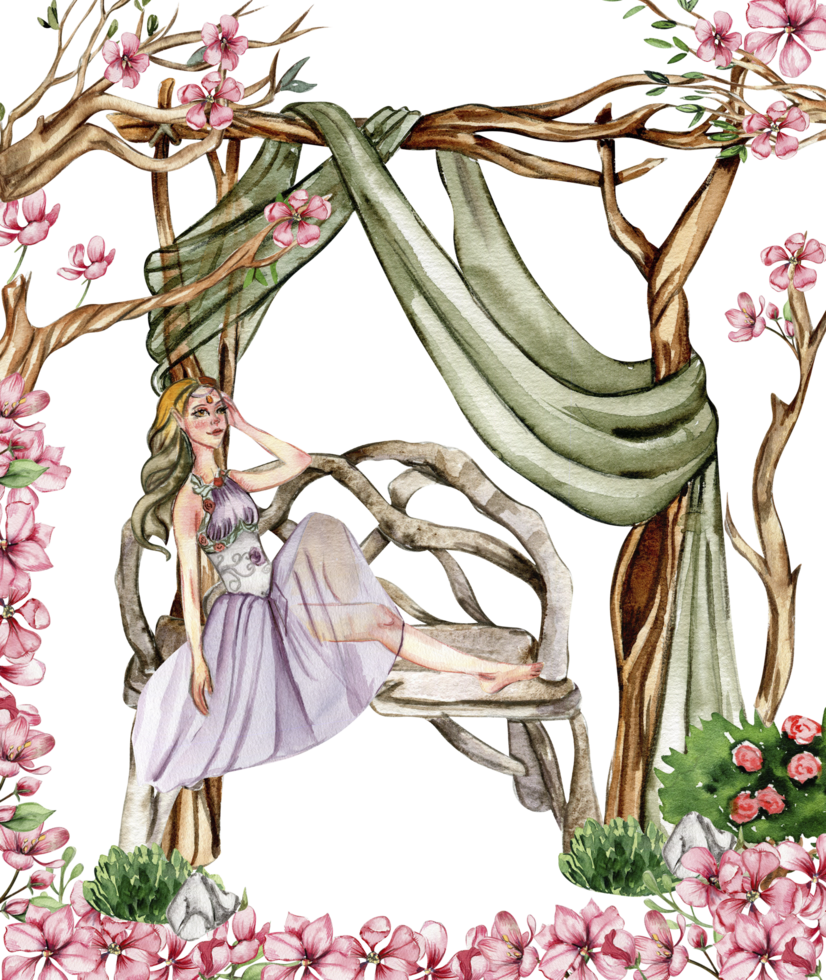 Composition with forest fairy, green tree and bushes . Watercolor hand drawn illustration . png