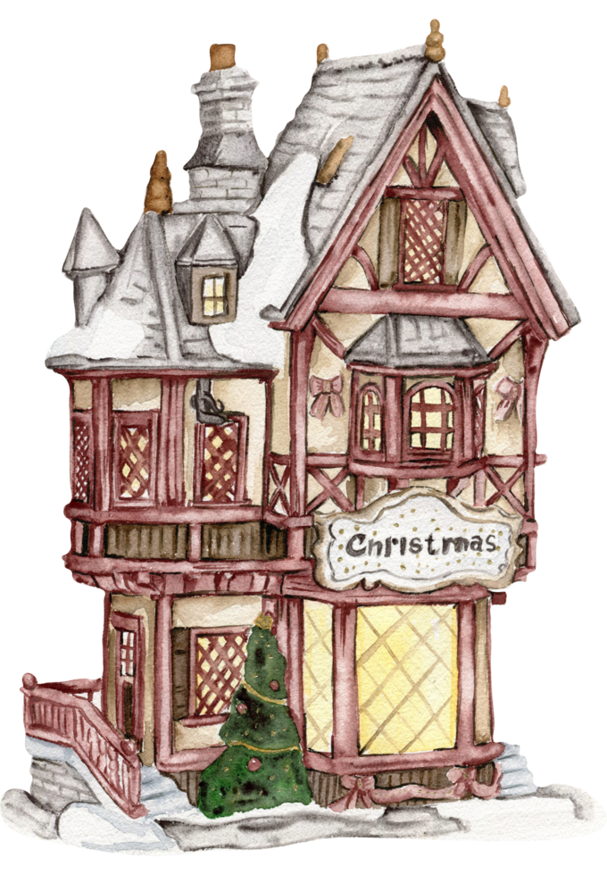 vattenfärg hus, väderkvarn i vinter. jul vinter- hus med en snö täckt tak och ljus i fönster hand dragen med vattenfärg . vattenfärg illustration. vinter- stuga. png
