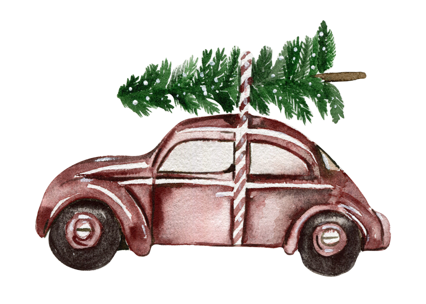 Christmas car with tree on the roof. Watercolor hand drawn illustration. png