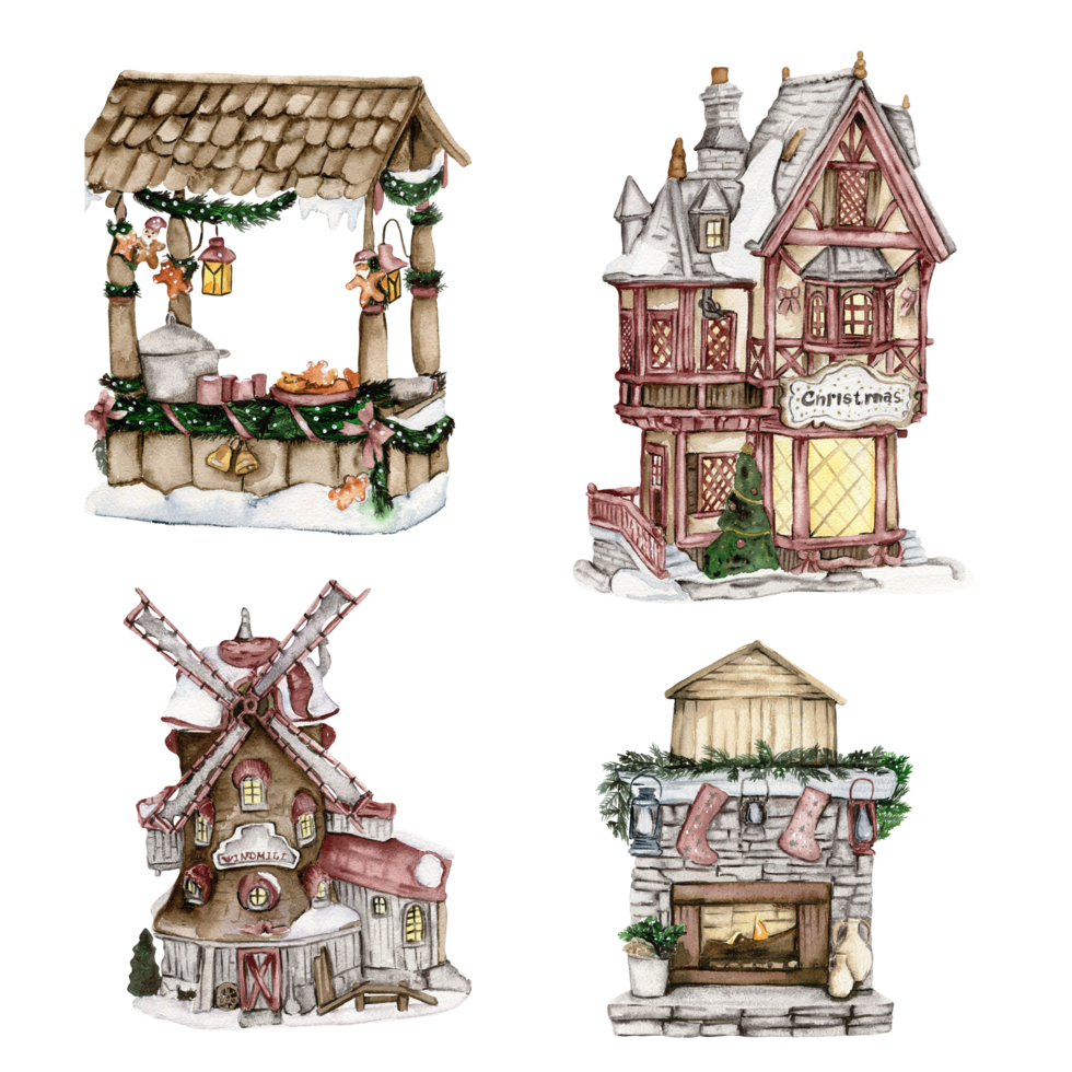 Watercolor house, windmill in winter. Christmas winter house with a snow-covered roof and light in windows hand drawn with watercolor . Watercolor illustration. Winter cottage. png