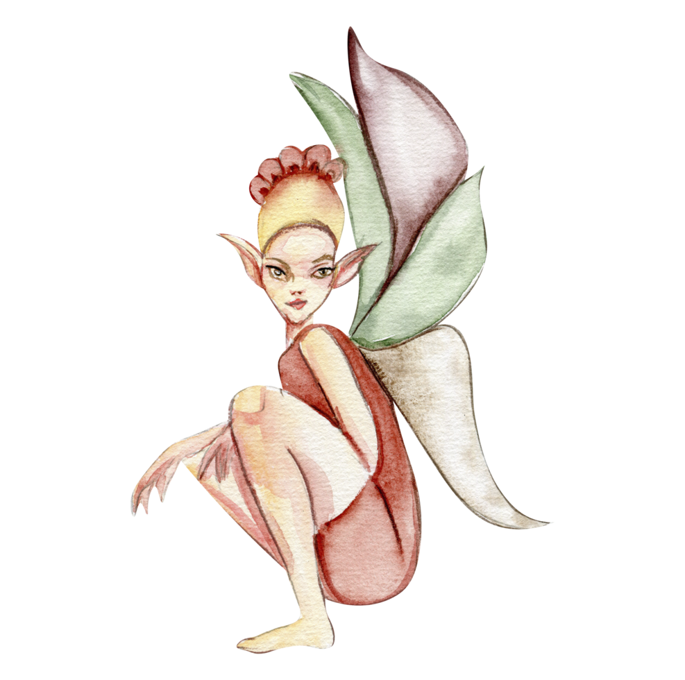 Forest elf with magic wings  . Watercolor hand drawn fairy tale illustration. png