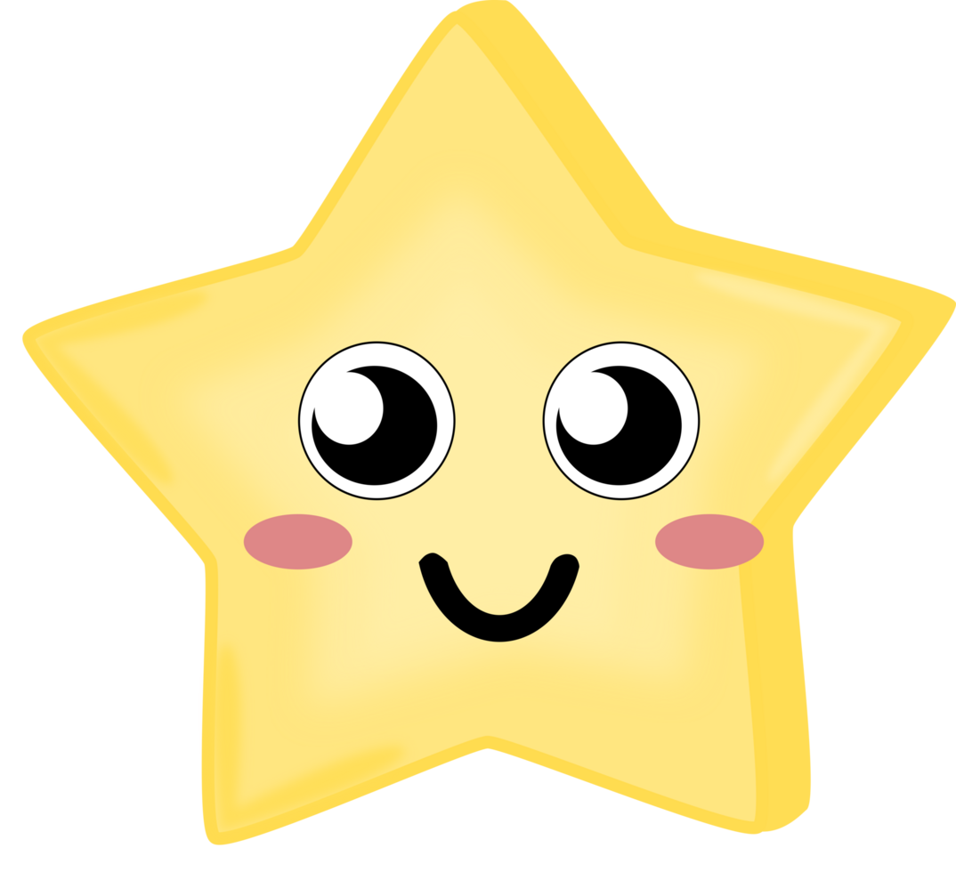 Cute yellow star smile face.  big eyes cartoon style. Doodle star. PNG illustration.