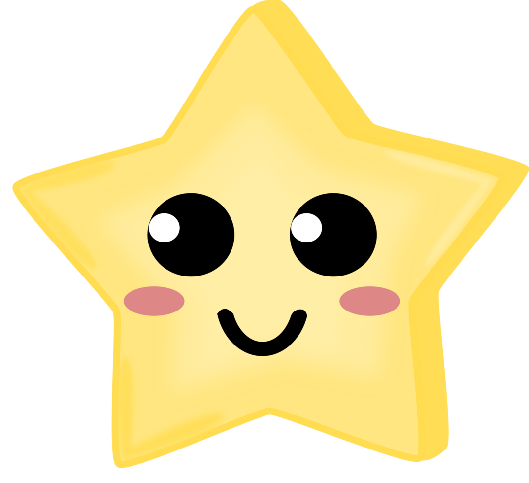 Cute yellow star smile face. Big eyes and medium light dot. Doodle star. PNG illustration.