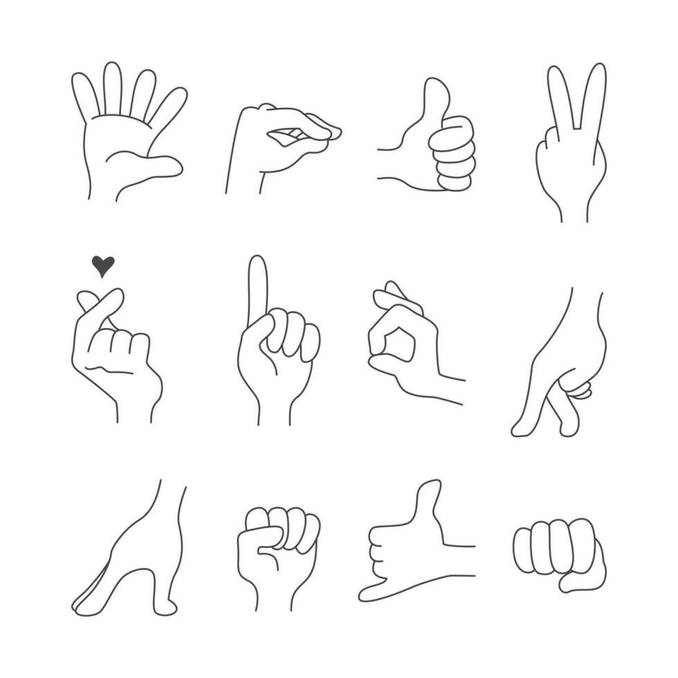 vector conjunto de mano gestos mano dibujado, garabatear elementos, dibujos animados plano lineal estilo aislado en blanco antecedentes.