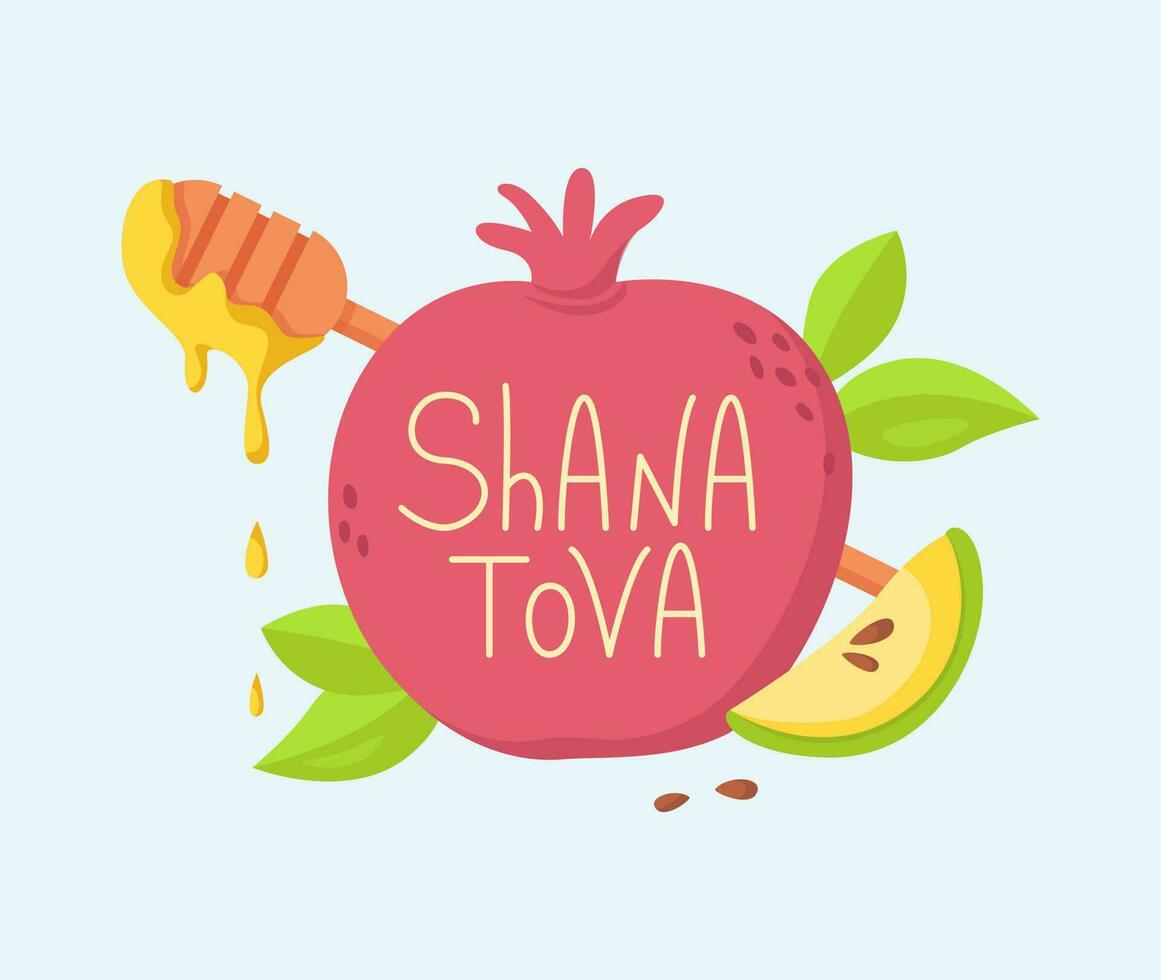 Shana Tova handwritten lettering on pomegranate, with apple slice, honey isolated composition. Rosh Hashanah banner. Jewish New Year. For greeting card, holiday design. vector