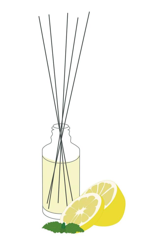 Home aromatherapy Vector isolated illustration. Diffuser with sticks lemon cytrus fragrance