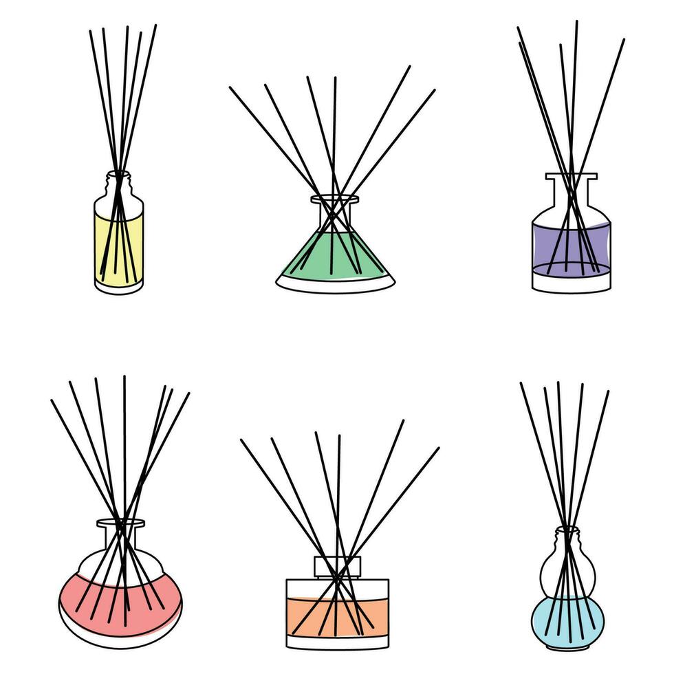 Home aromatherapy vector set. Colored diffusers with sticks isolated on white