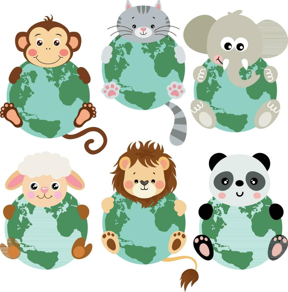 Set of cute animals with a globe vector