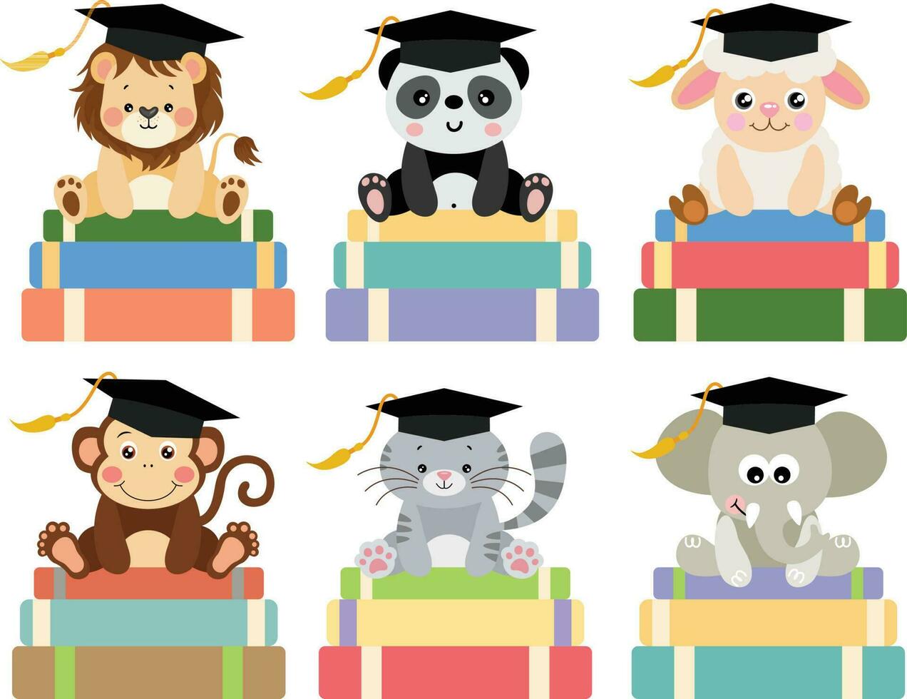 Set of animals with graduation cap sitting on top of books vector