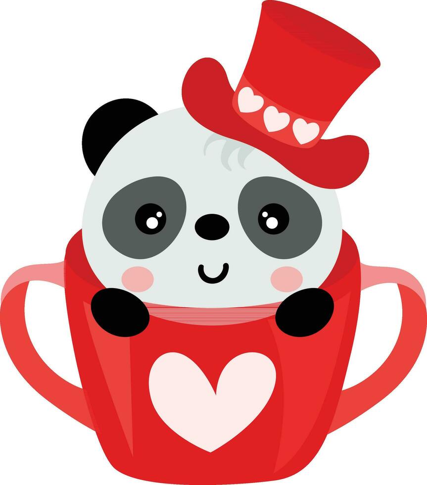 Adorable panda with red hat inside the red teacup vector