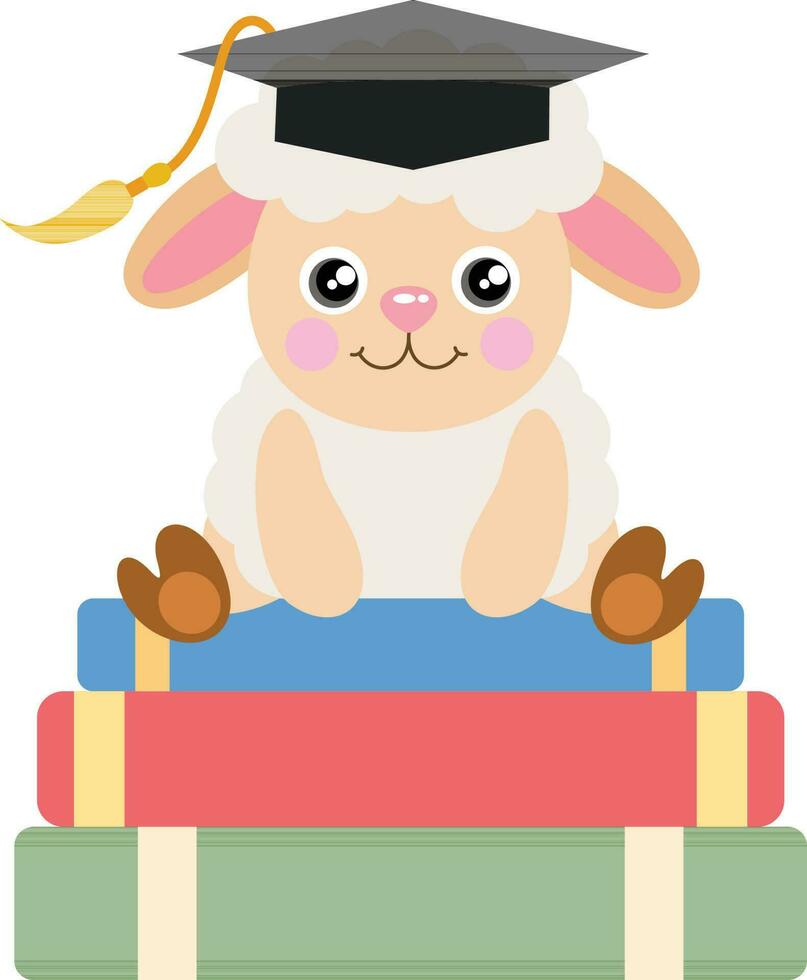 Cute sheep with graduation cap sitting on top of books vector