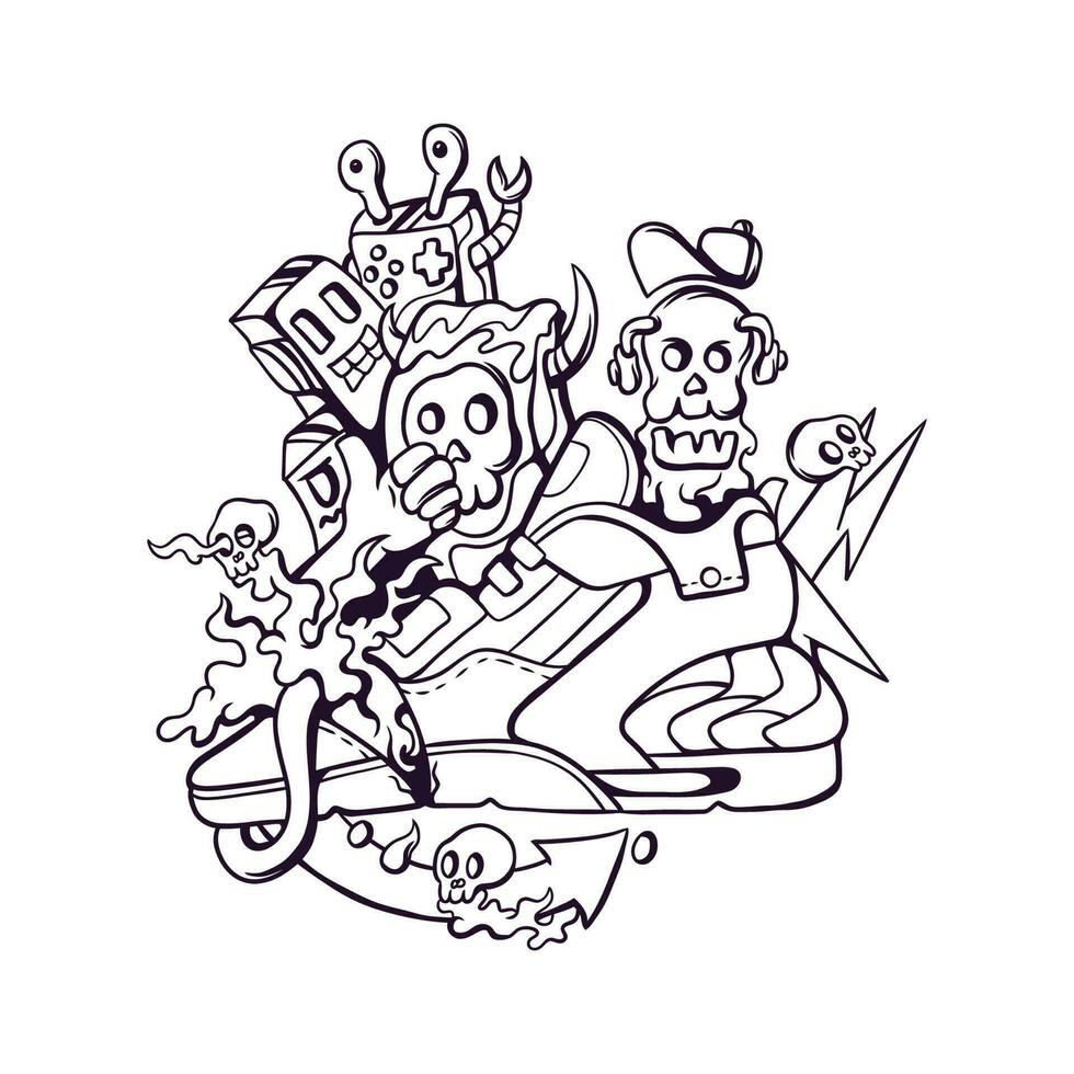 Monsters playing in broken shoes Illustration vector