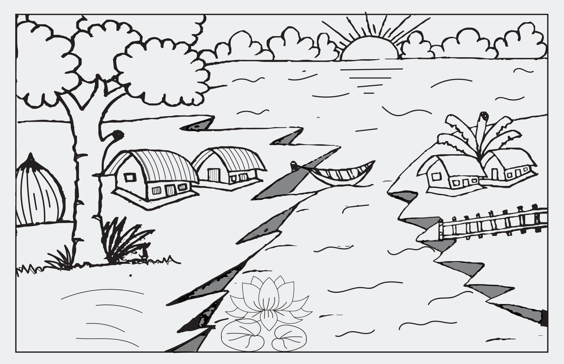 Hand drawing nature, river, lotus, sun, tree, hut and sun rise vector