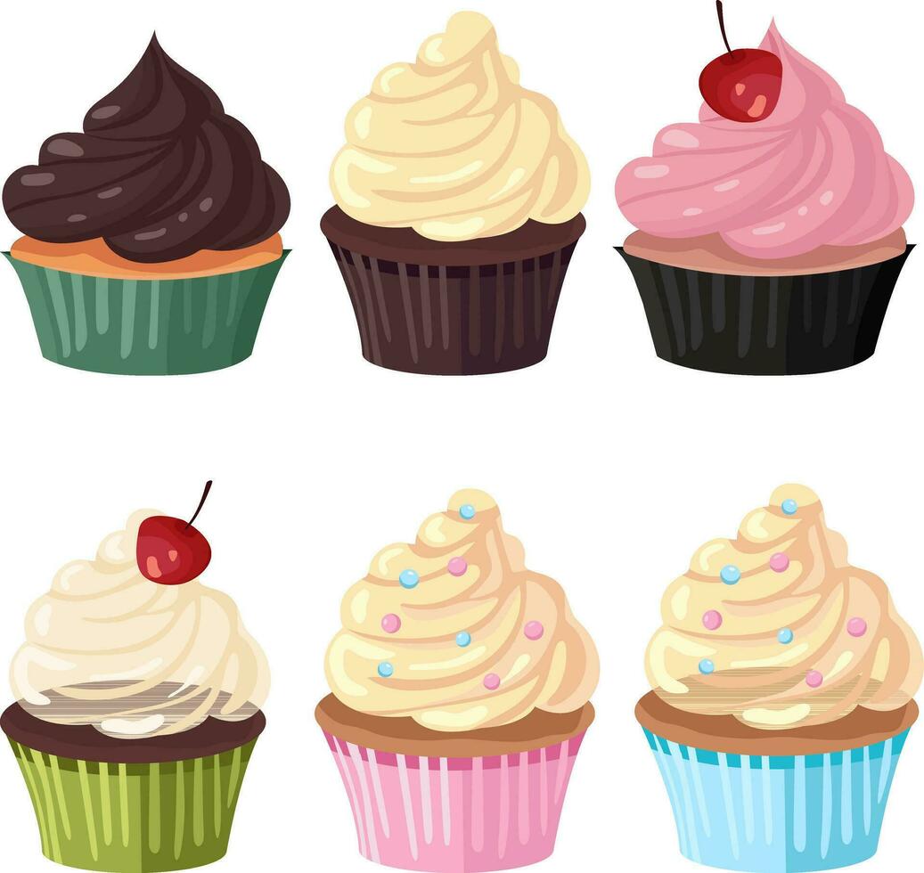set of creamy muffins, desserts, cakes, cupcakes, chocolate cream, vanilla cream, ice cream, different flavors vector