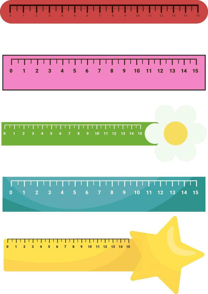 stationery and school, office supplies, ruler, multi-colored yellow with a star and green with a camomile, daisy, pink, red, blye rulers, vector illustration, set
