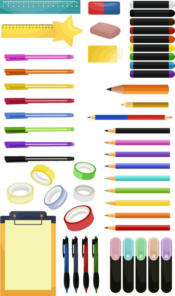 stationery, office and school supplies, a large set of stationery, pens, pencils, erasers, rulers, wax crayons, markers, highlighters, clip folder, decorative tape vector