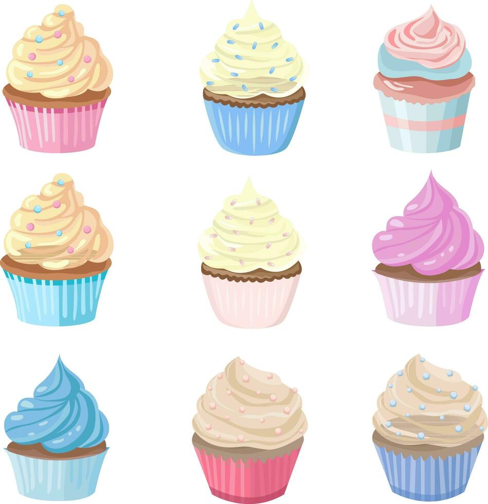 a set of cakes, muffins, cupcakes in pastel shades, confectionery, pastries, different tastes vector