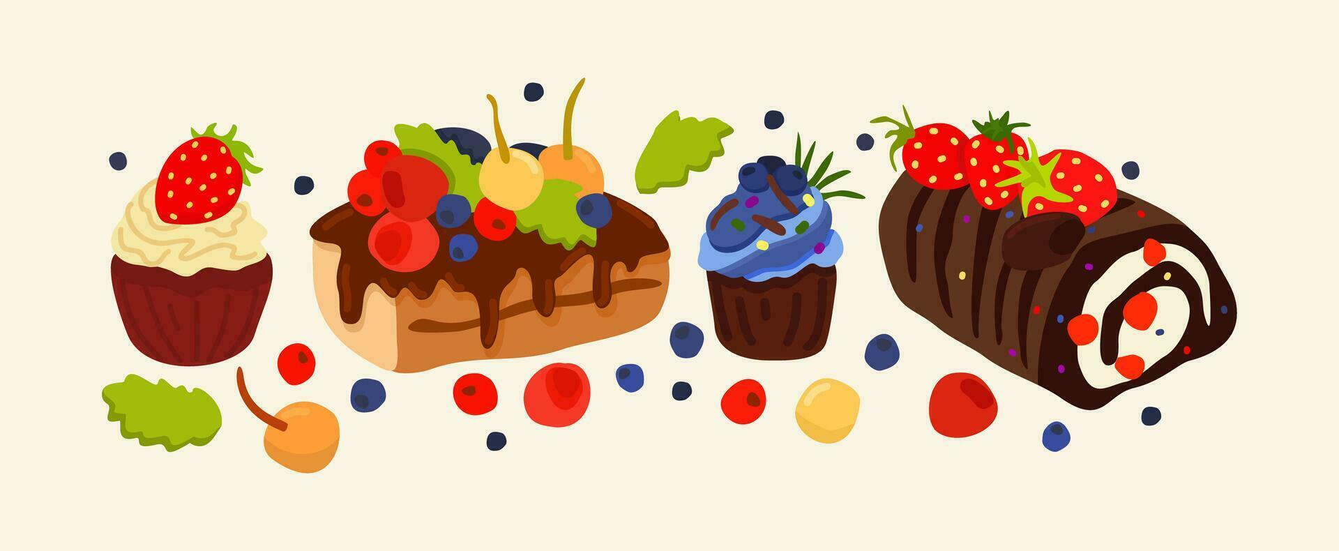 Cakes and berries. Yummy vector set of various colorful and tasty bisquits with cream, chocolate and berries.